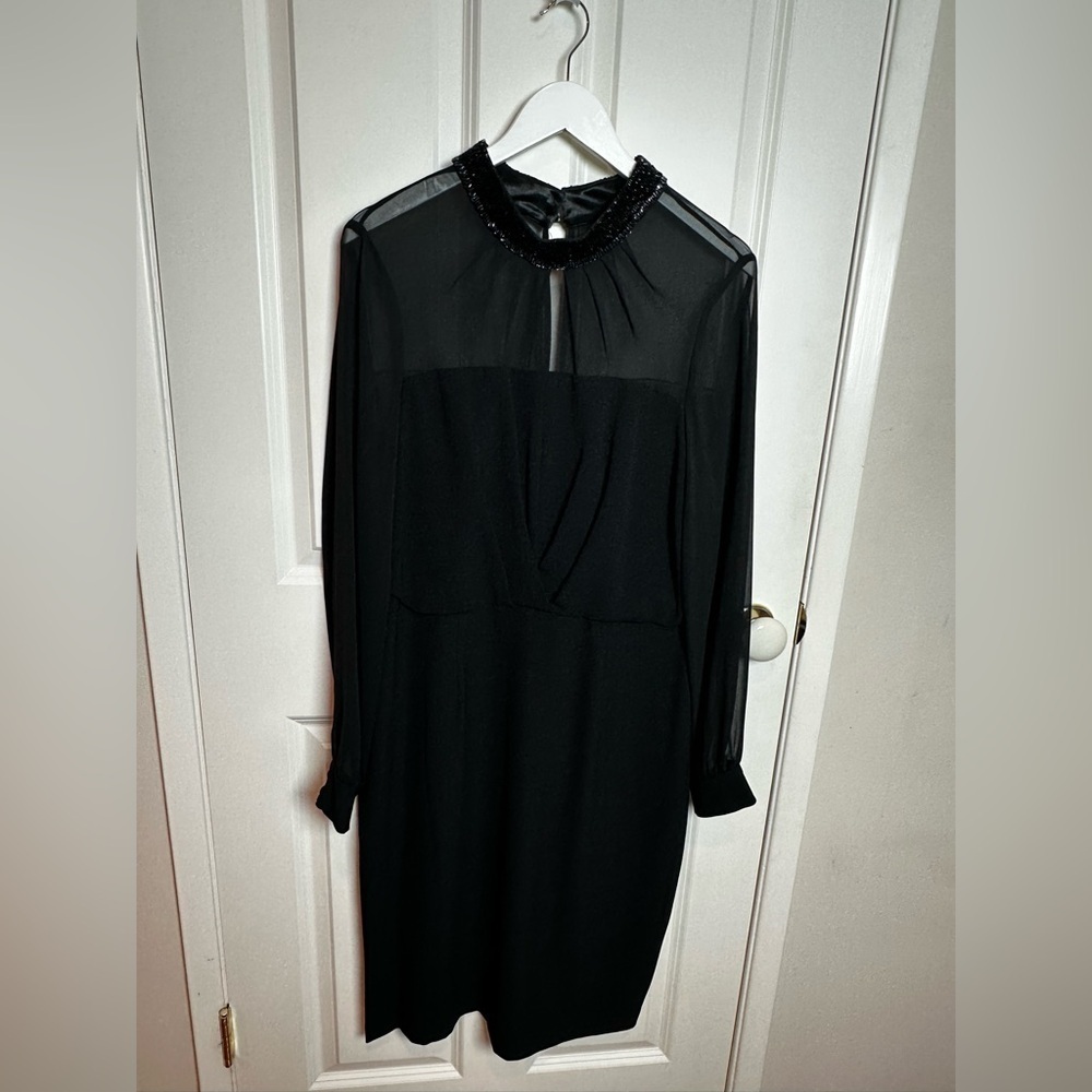 Adrianna Papell Black Long Sleeve Dress with Beaded Collar